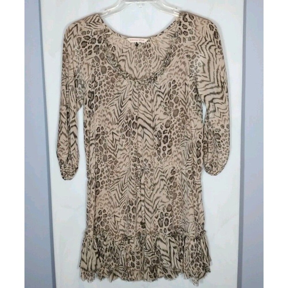 Rebecca Taylor 100% Silk Animal Print Mini Dress Boho Frayed Trim Drawstring 2
